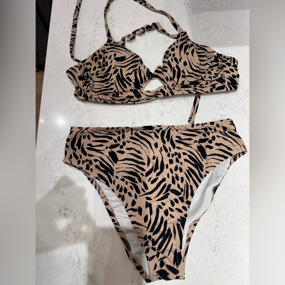 Adore Me Tan and Black Abstract Design Bikini